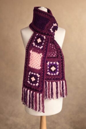 Hand-crocheted plum granny square scarf with soft pink accents and long fringe tassels.