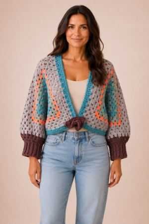 Handmade crochet tie-front cardigan with granny square motifs in coastal-inspired colours