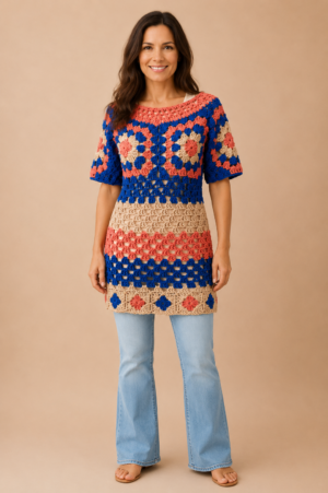 Handmade crochet top in vibrant multicoloured tones with an artisan openwork design