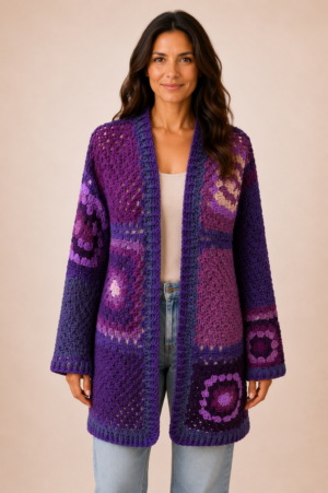 Handmade crochet cardigan in deep mulberry tones with a relaxed artisan silhouette