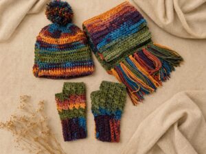 Handmade crochet rainbow hat, scarf and fingerless gloves set with multicoloured striped design and pom pom hat.