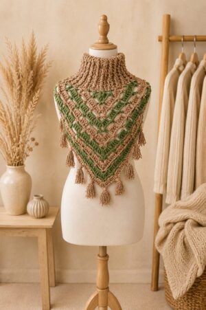 Handmade crochet neck warmer in green and beige tones with textured chevron pattern and decorative tassel edging.