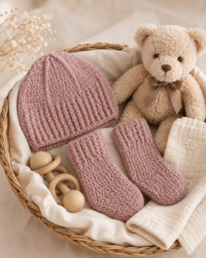 Handmade crochet baby hat and booties set in blush pink, displayed on a soft neutral background. Suitable for babies aged 0–3 months.