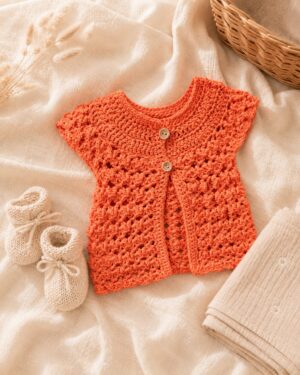 Handmade coral crochet baby cardigan with wooden button fastening and delicate openwork pattern, displayed on a neutral mannequin. Suitable for children aged approximately 1-2 years old.