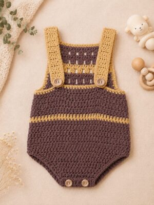 Handmade cotton crochet baby romper in chestnut and golden tones for newborn babies by MTD Crochet.