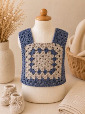 Handmade blue and grey granny-square crochet top for children aged approximately 3 years and over by MTD Crochet.