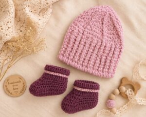 Handmade crochet baby hat and booties set in pink and berry shades, suitable for babies aged 3–6 months, by MTD Crochet.