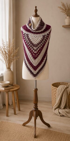 Handmade crochet neck warmer in silver, cream and deep berry tones displayed on a mannequin. Silver Mist Neck Warmer by MTD Crochet.