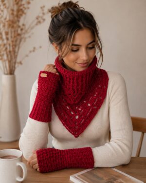 Handmade mulberry red crochet neck warmer and matching fingerless gloves set worn by a woman. Made from 60% wool and 40% acrylic Alize yarn by MTD Crochet.